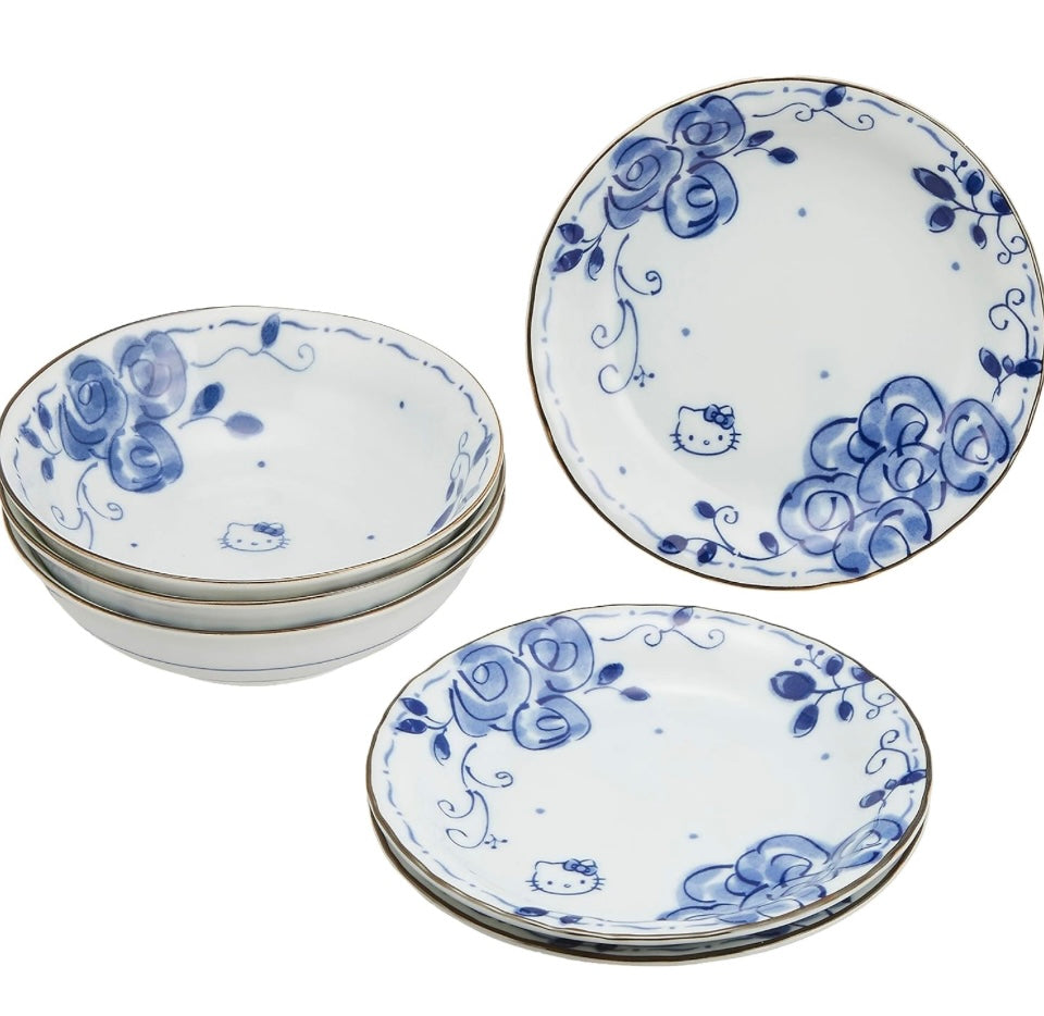 Sanrio Hello Kitty Blue Rose (Dyed).  3 Porcelain Dish 3 Bowls, 6-Piece Set (Comes in a Presentation Box)